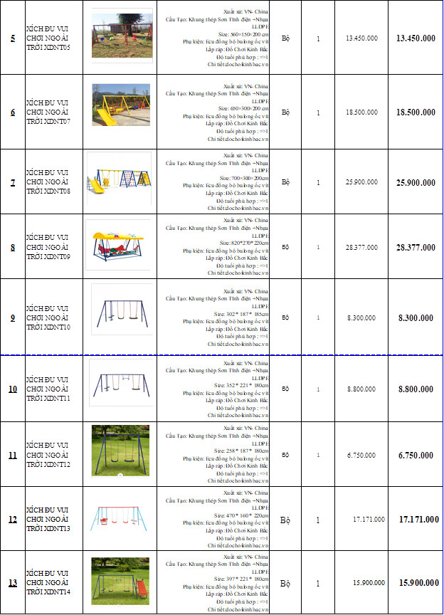BÁO GIÁ XÍCH ĐU VUI CHƠI NGOÀI TRỜI 
