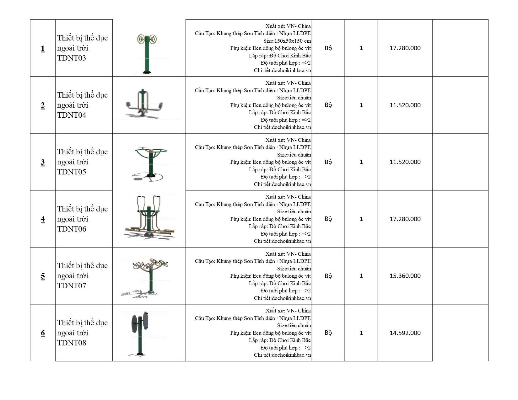 BÁO GIÁ THIẾT BỊ THỂ DỤC NGOÀI TRỜI 