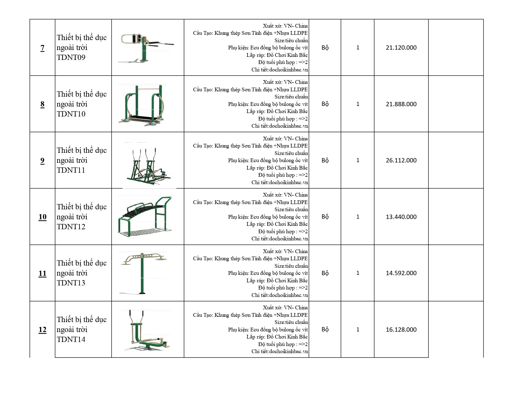 BÁO GIÁ THIẾT BỊ THỂ DỤC NGOÀI TRỜI 
