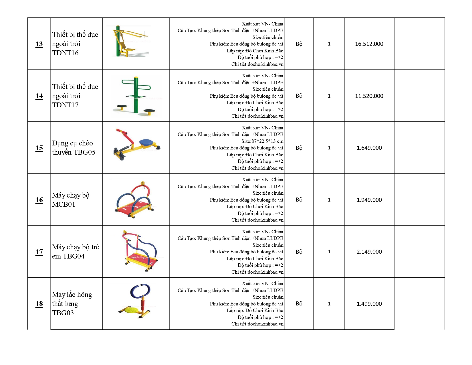BÁO GIÁ THIẾT BỊ THỂ DỤC NGOÀI TRỜI 