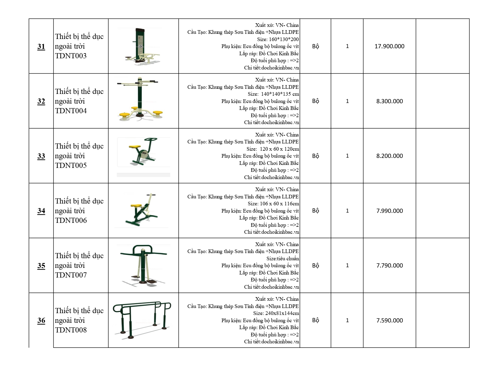 BÁO GIÁ THIẾT BỊ THỂ DỤC NGOÀI TRỜI 