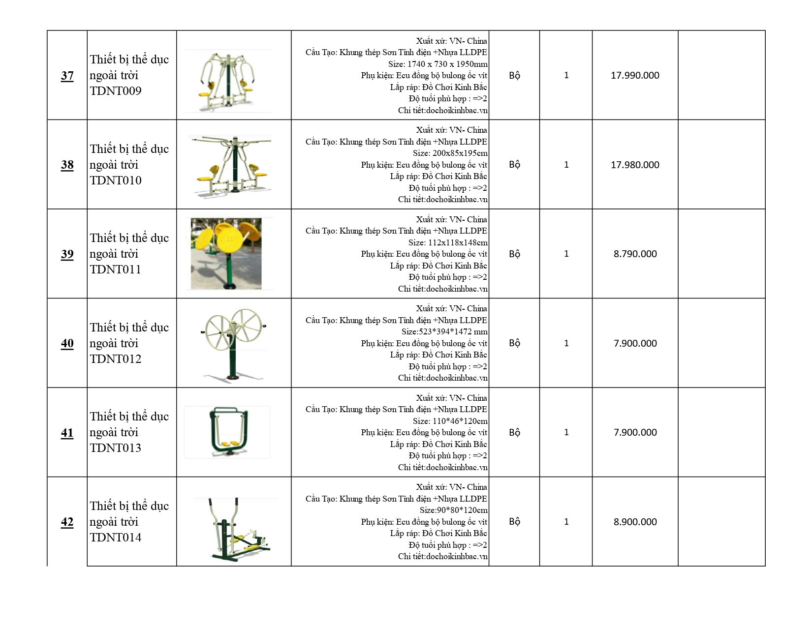 BÁO GIÁ THIẾT BỊ THỂ DỤC NGOÀI TRỜI 