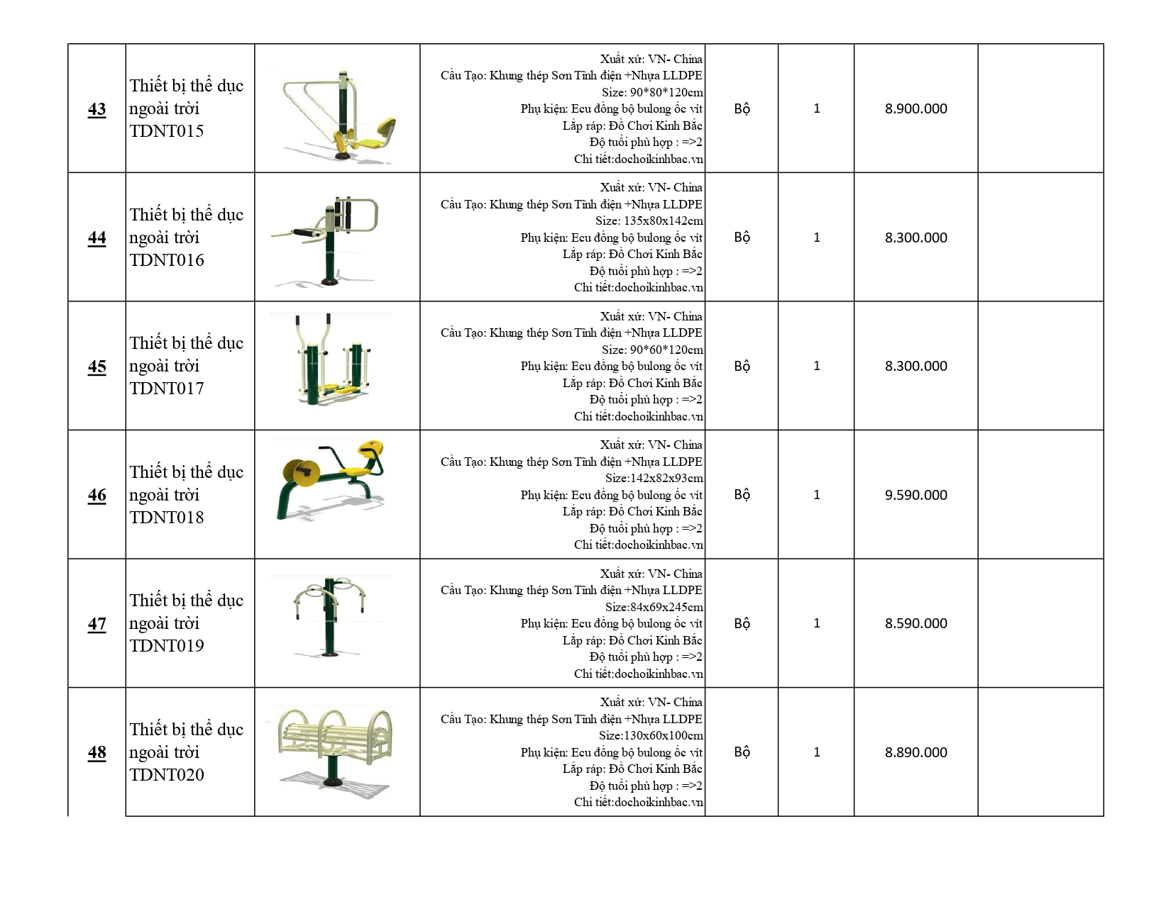 BÁO GIÁ THIẾT BỊ THỂ DỤC NGOÀI TRỜI 