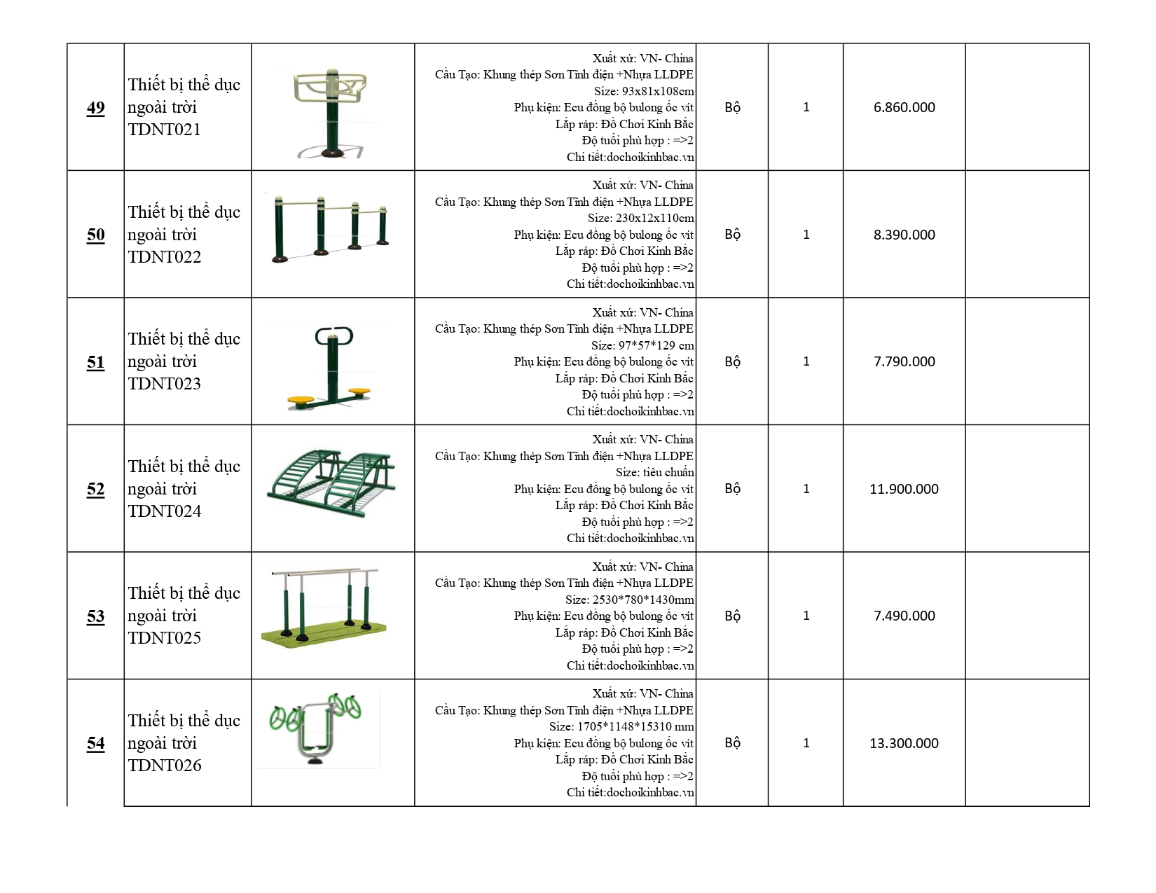 BÁO GIÁ THIẾT BỊ THỂ DỤC NGOÀI TRỜI 
