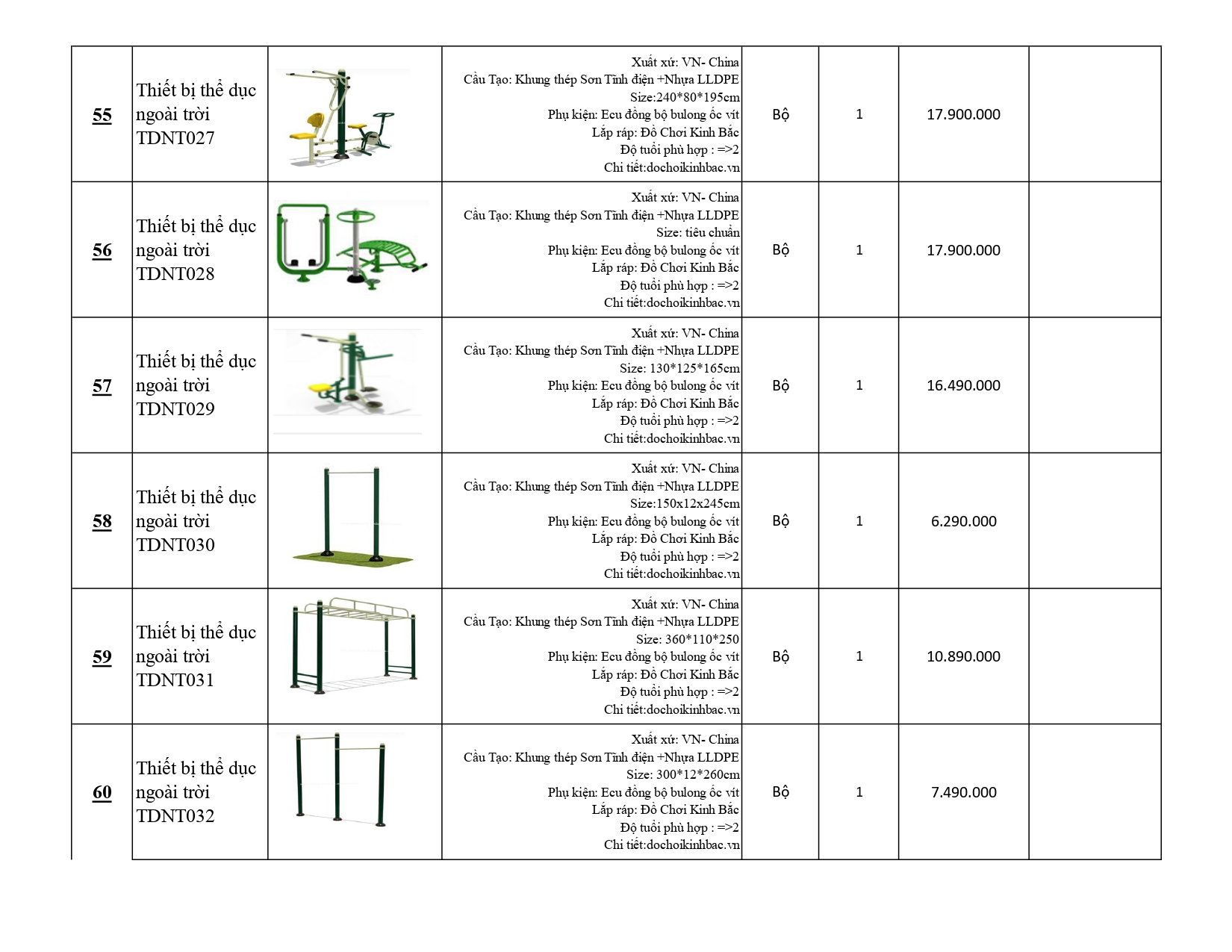 BÁO GIÁ THIẾT BỊ THỂ DỤC NGOÀI TRỜI 