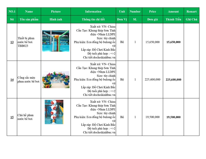 BÁO GIÁ THIẾT BỊ BỂ BƠI