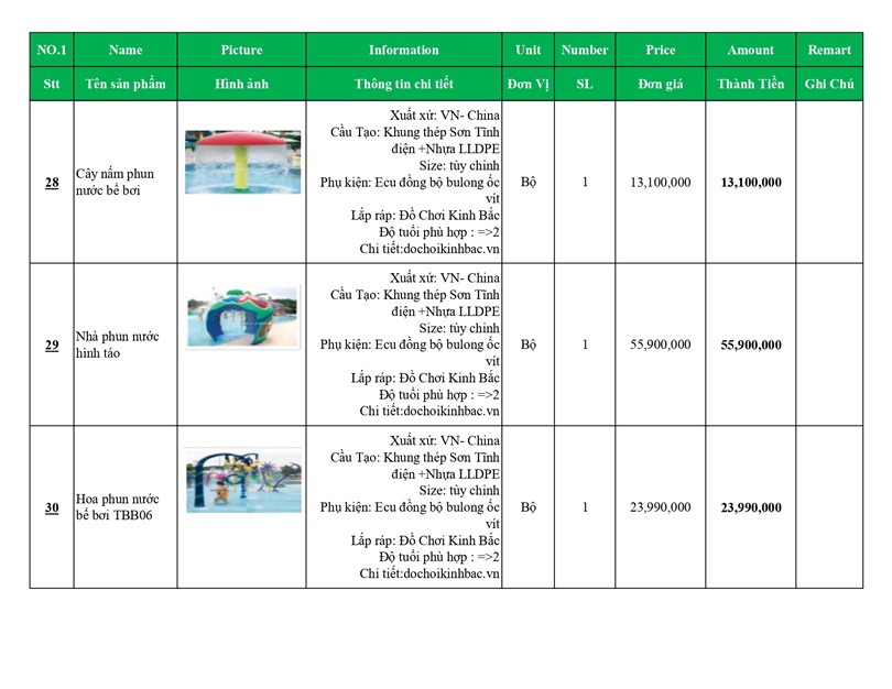 BÁO GIÁ THIẾT BỊ BỂ BƠI