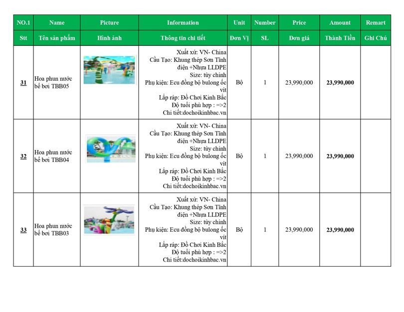 BÁO GIÁ THIẾT BỊ BỂ BƠI