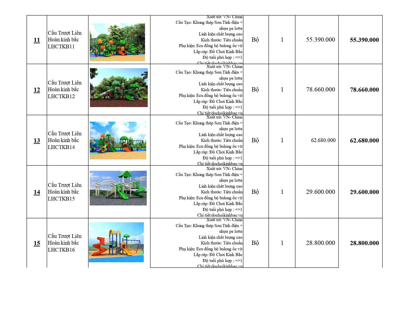 BÁO GIÁ CẦU TRƯỢT LIÊN HOÀN KINH BẮC