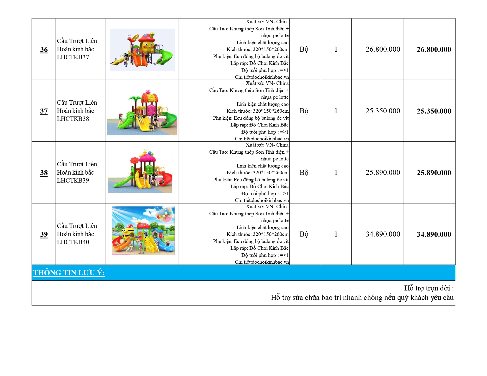 BÁO GIÁ CẦU TRƯỢT LIÊN HOÀN KINH BẮC