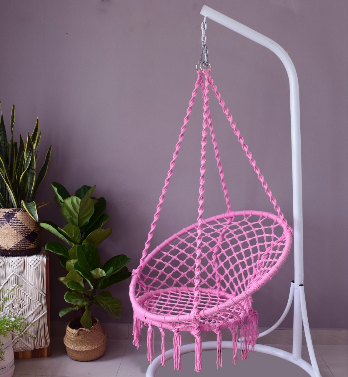 XÍCH ĐU MACRAME COTTON SWING MÀU hồng CÓ CẦN TREO 