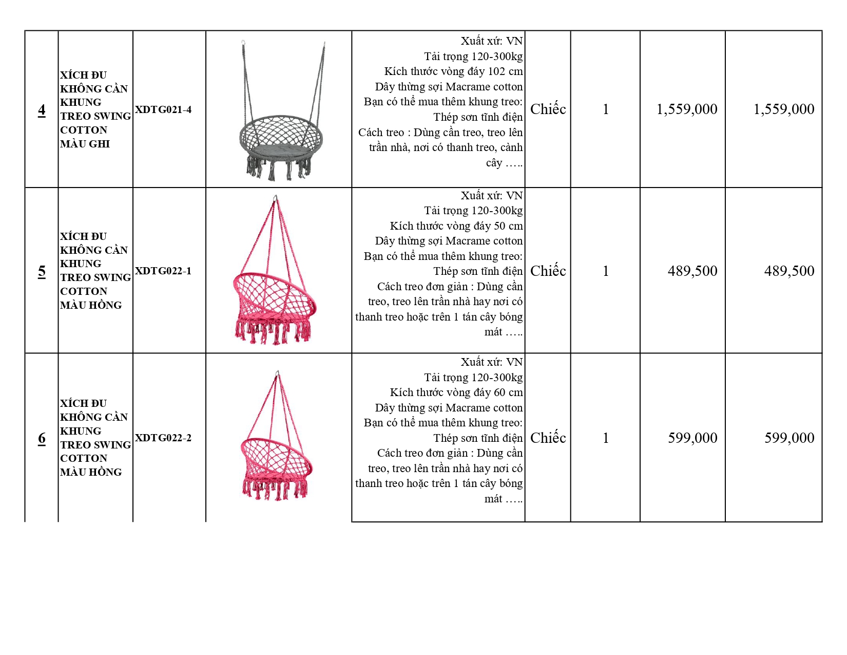 BÁO GIÁ XÍCH ĐU THƯ GIÃN KHÔNG CÓ KHUNG TREO SWING COTTON