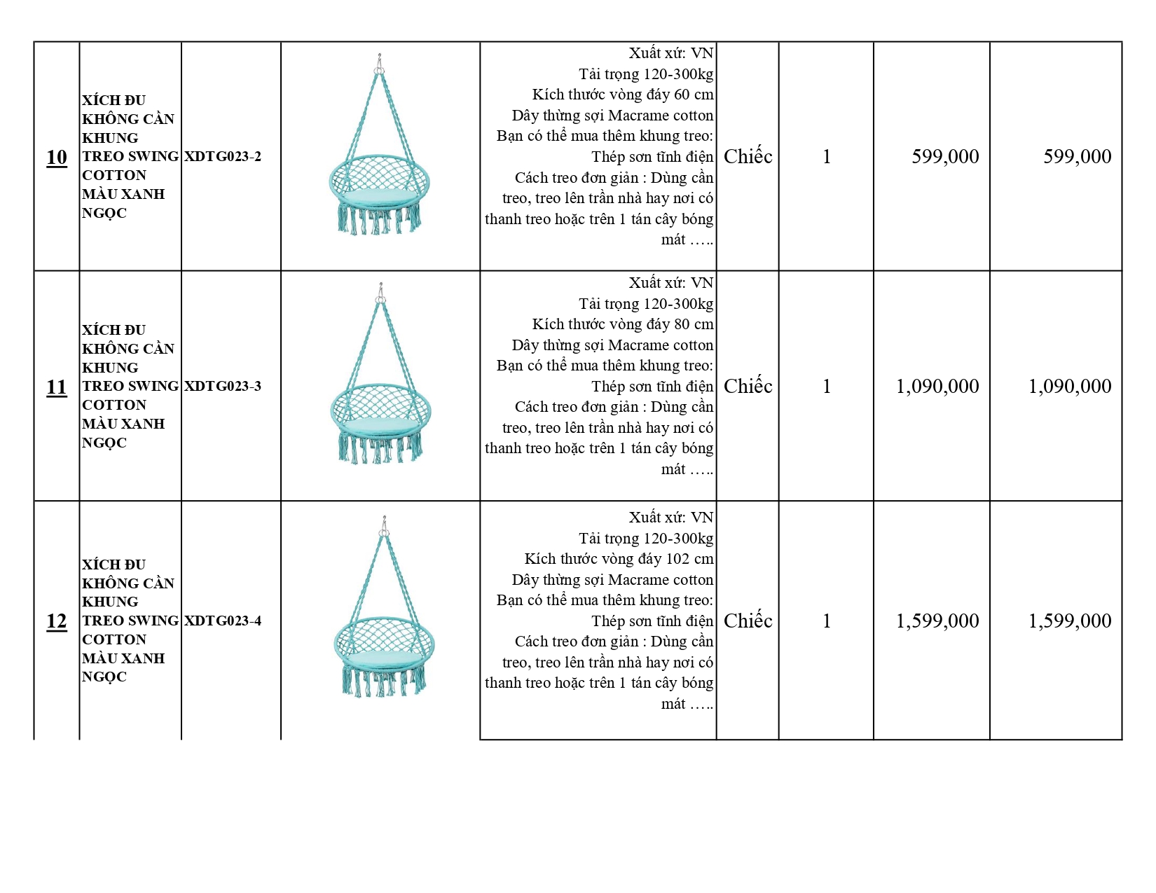 BÁO GIÁ XÍCH ĐU THƯ GIÃN KHÔNG CÓ KHUNG TREO SWING COTTON