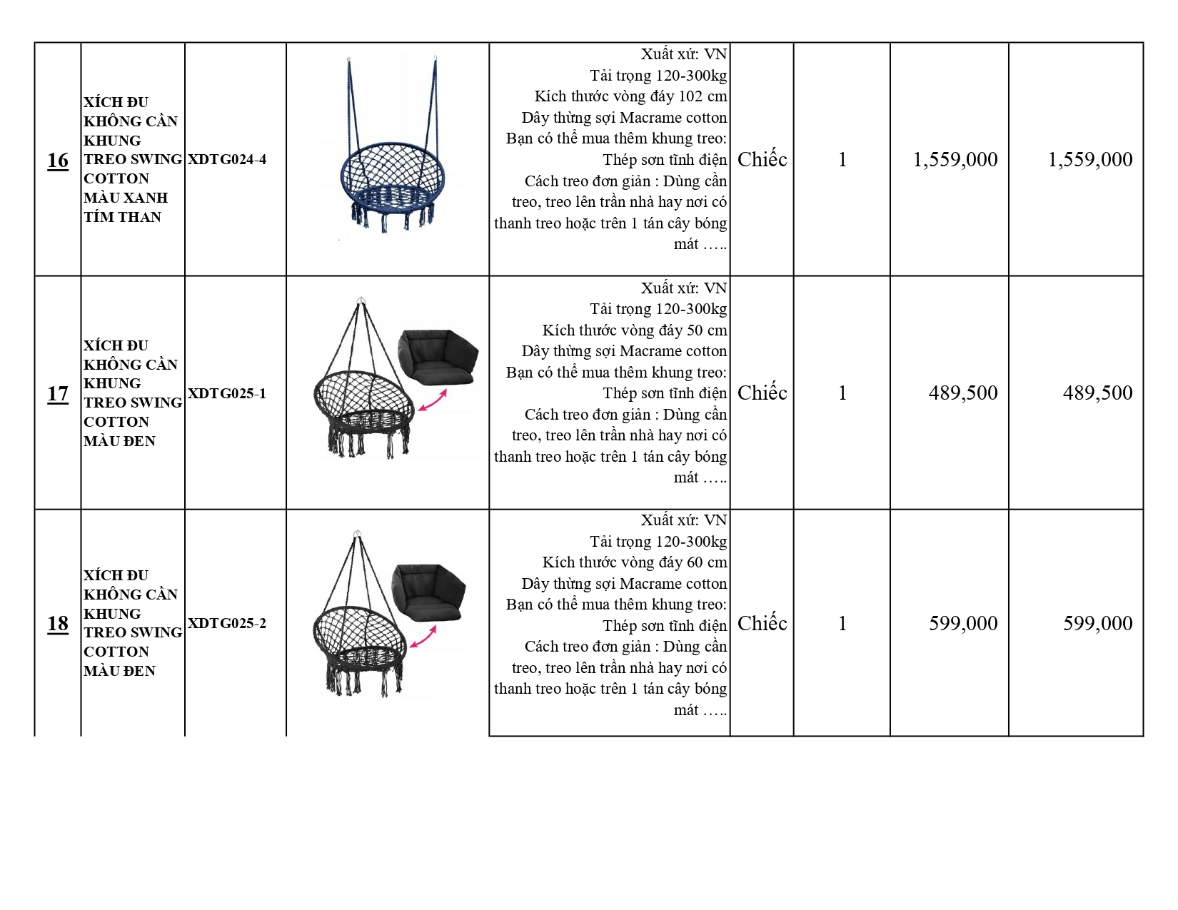 BÁO GIÁ XÍCH ĐU THƯ GIÃN KHÔNG CÓ KHUNG TREO SWING COTTON