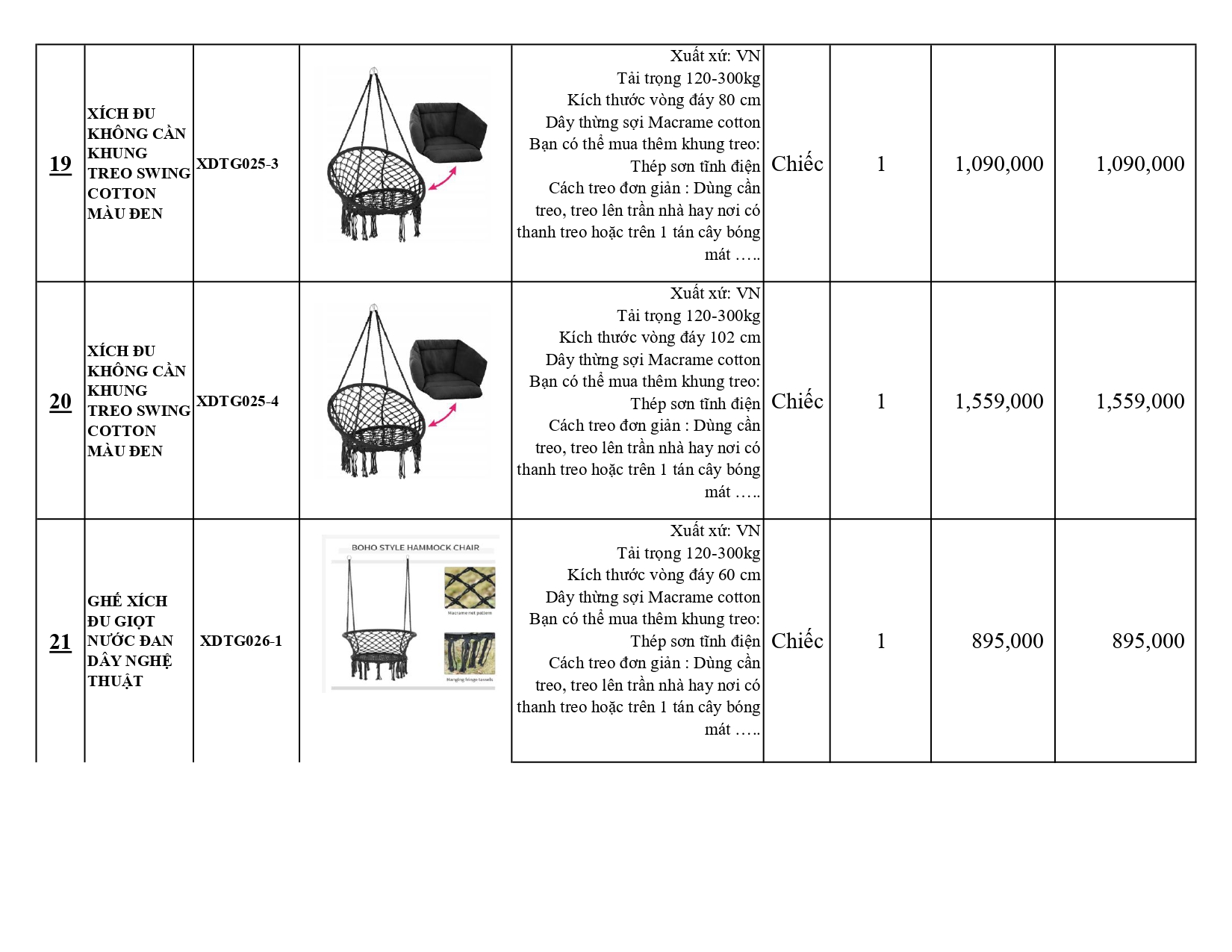 BÁO GIÁ XÍCH ĐU THƯ GIÃN KHÔNG CÓ KHUNG TREO SWING COTTON