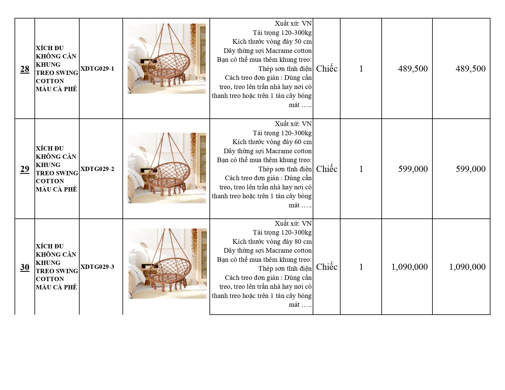 BÁO GIÁ XÍCH ĐU THƯ GIÃN KHÔNG CÓ KHUNG TREO SWING COTTON