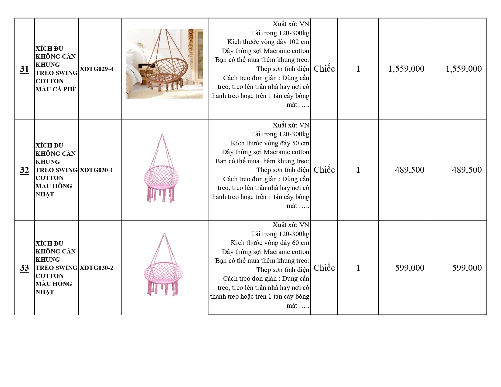 BÁO GIÁ XÍCH ĐU THƯ GIÃN KHÔNG CÓ KHUNG TREO SWING COTTON