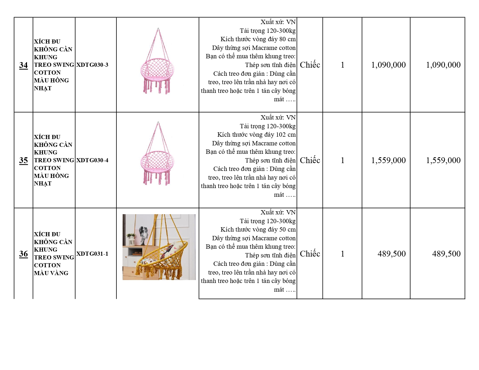 BÁO GIÁ XÍCH ĐU THƯ GIÃN KHÔNG CÓ KHUNG TREO SWING COTTON