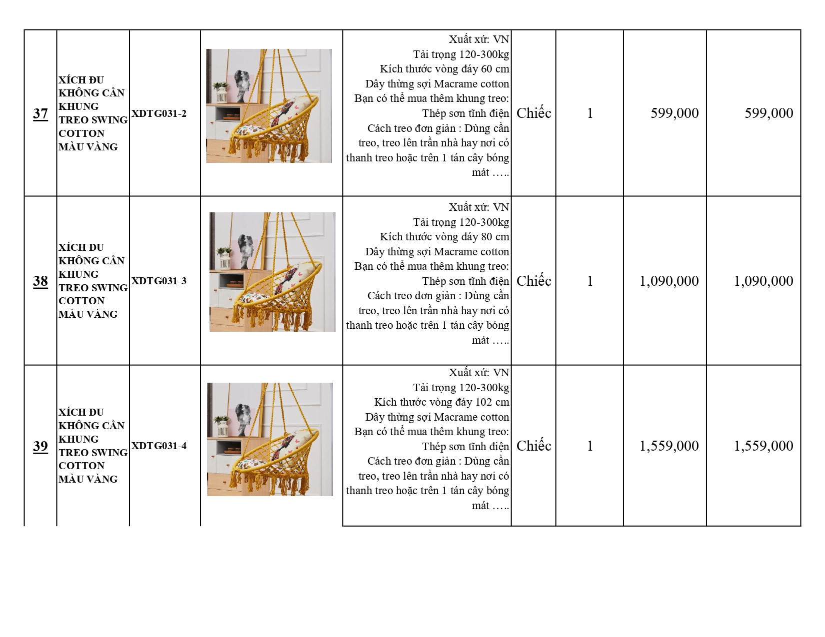 BÁO GIÁ XÍCH ĐU THƯ GIÃN KHÔNG CÓ KHUNG TREO SWING COTTON