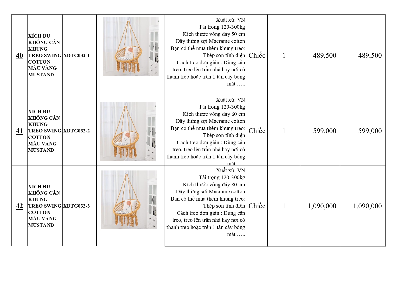 BÁO GIÁ XÍCH ĐU THƯ GIÃN KHÔNG CÓ KHUNG TREO SWING COTTON