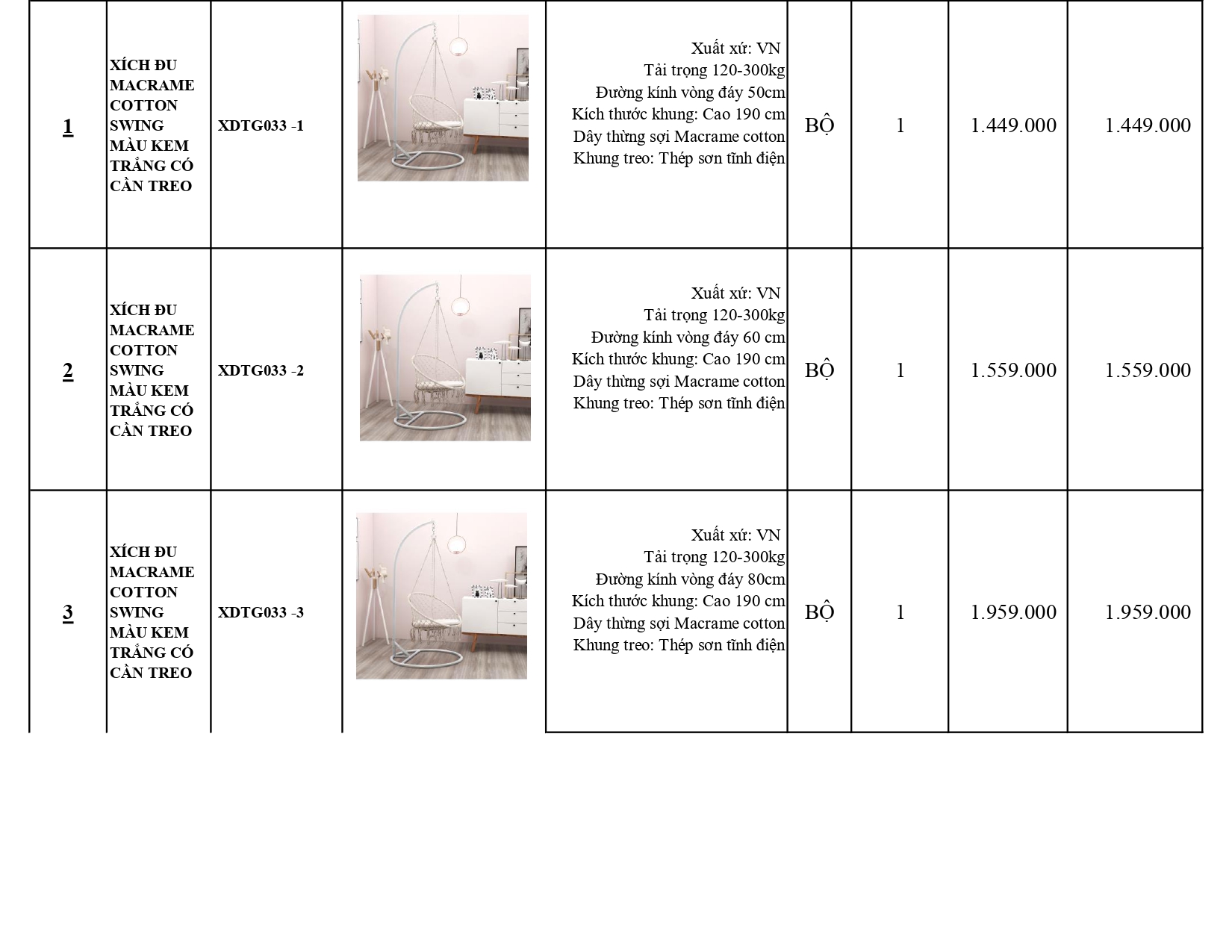 BÁO GIÁ XÍCH ĐU THƯ GIÃN CÓ KHUNG TREO SWING COTTON