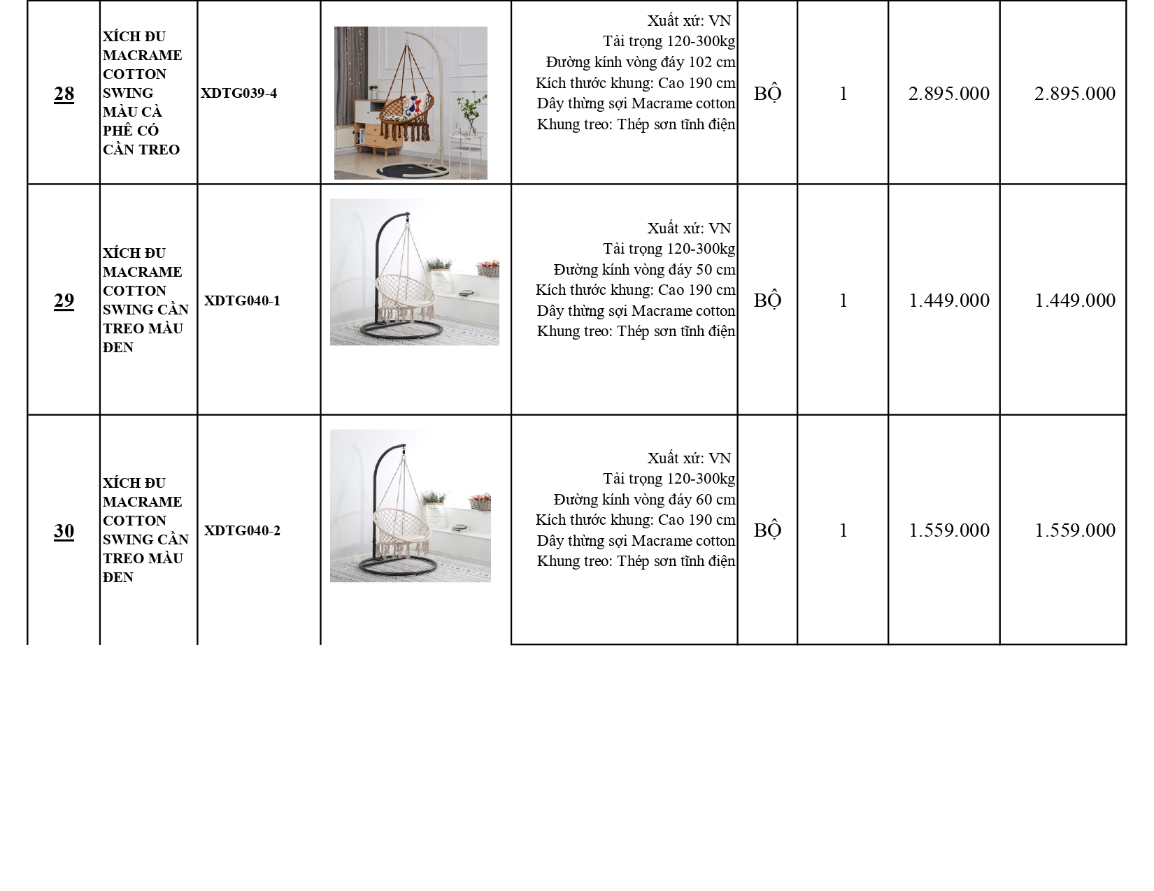 BÁO GIÁ XÍCH ĐU THƯ GIÃN CÓ KHUNG TREO SWING COTTON