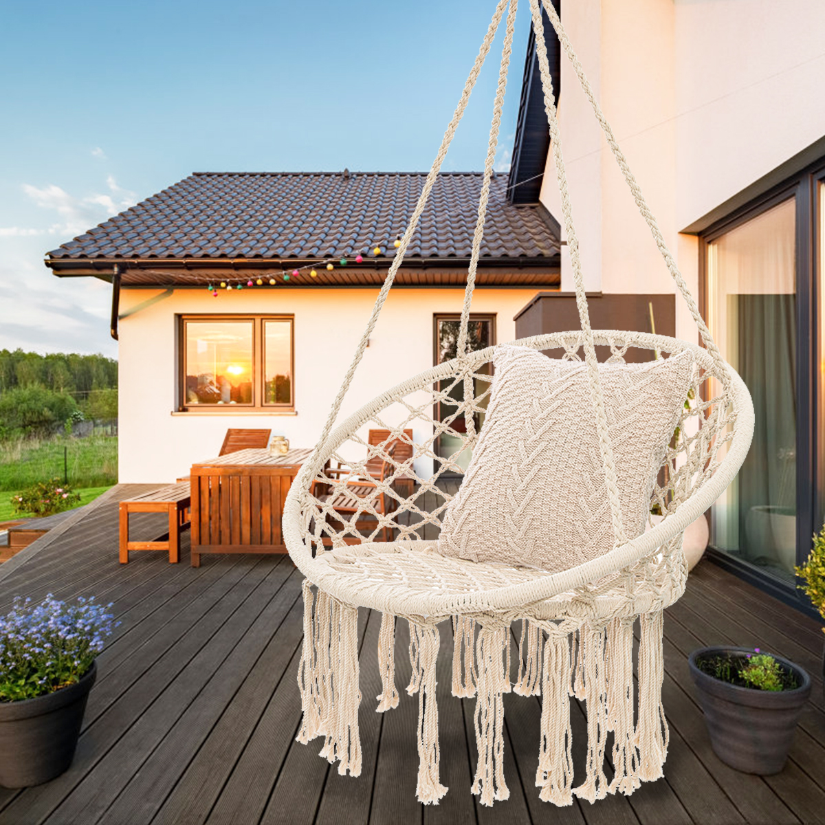 XÍCH ĐU MACRAME COTTON SWING MÀU BE CÓ CẦN TREO XDTG035