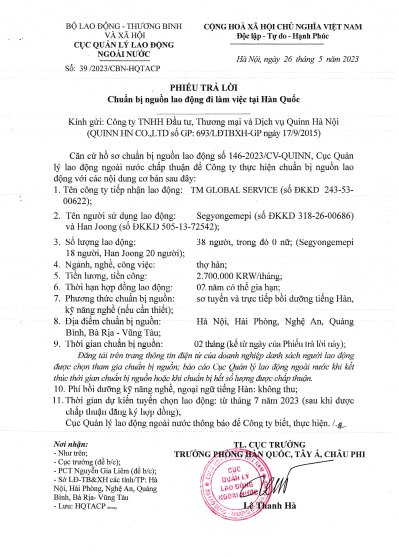 PHIẾU TRẢ LỜI CHUẨN BỊ NGUỒN LAO ĐỘNG ĐI LÀM VIỆC TẠI HÀN QUỐC 26.05.2023