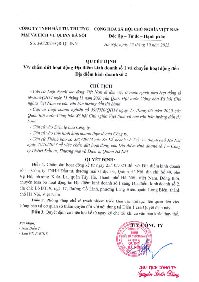 QUYẾT ĐỊNH CHẤM DỨT HOẠT ĐỘNG ĐỊA ĐIỂM KINH DOANH SỐ 1 VÀ CHUYỂN ĐẾN ĐỊA ĐIỂM HOẠT ĐỘNG KINH DOANH SỐ 2