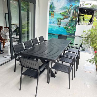 Nội Thất Bình An Giao Hàng Thành Công Bộ Bàn Ghế Nhôm Đúc Tăng Giảm Kích Thước Composit Đen Cho Vua Cá Long Phượng Tại Hòa Bình