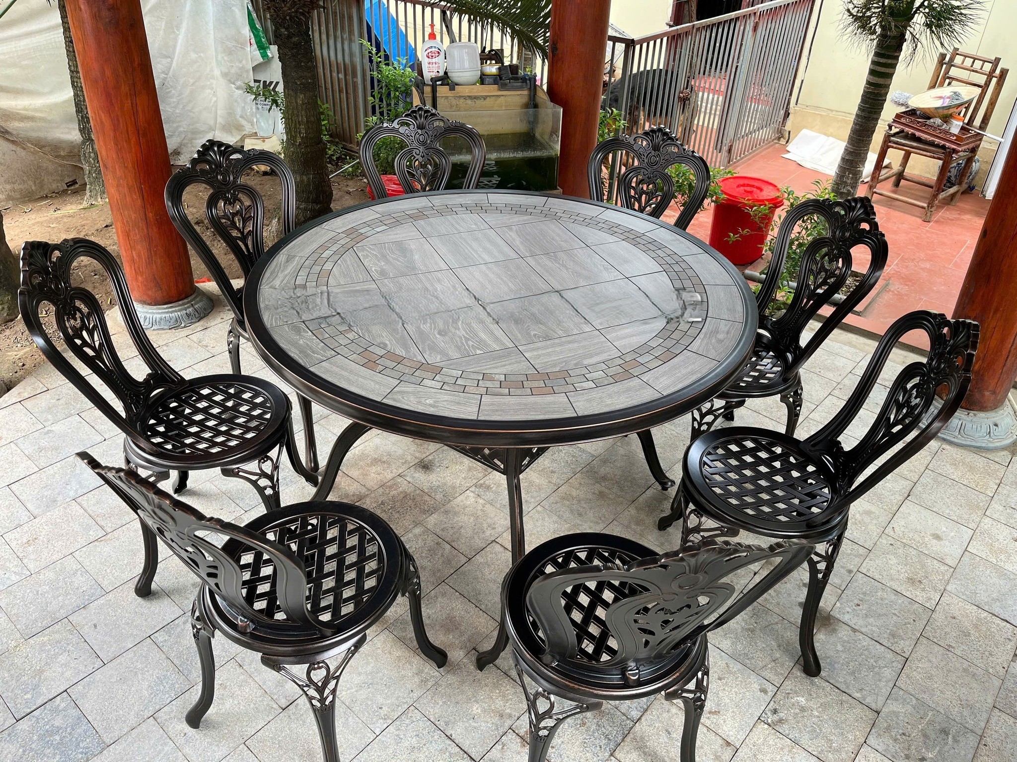 Bộ Bàn Ghế Ngoài Trời Nhôm Đúc Mặt Đá D120-10G
