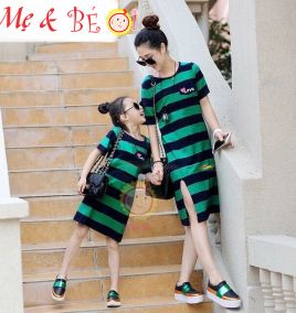 Đầm thun cặp mẹ con sọc ngang xẻ tà thời trang ( Con)