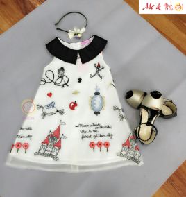 Đầm suông bé gái cổ sen có thêu hình dể thương