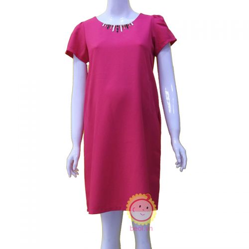 Đầm bầu viền cổ trẻ trung màu hồng sen