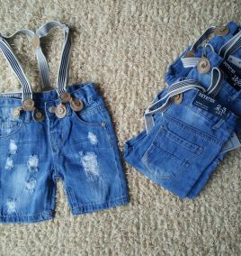 Quần short lửng jean rách dây đeo cho bé trai