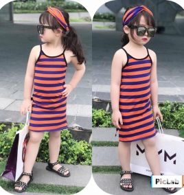 Đầm thun 2 dây body xẻ tà kèm turban cho bé gái (nhỏ)