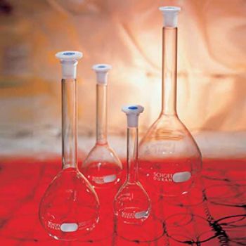 Bình định mức thủy tinh nâu, nút nhựa PE mới, class A, chứng nhận riêng lẻ DURAN