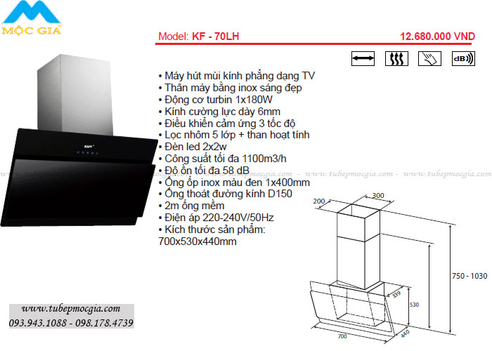đặc trưng cơ bản thiết bị nhà bếp KAFF - Máy hút khử mùi KAFF KF-70LH