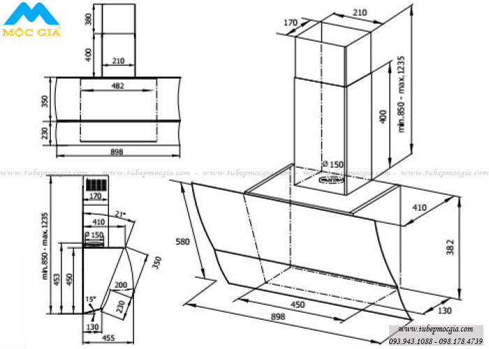 Kích thước chuẩn Máy hút mùi Canaval CA 8990S