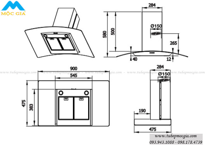 Kích thước chuẩn Máy hút mùi Canaval CA 8890S