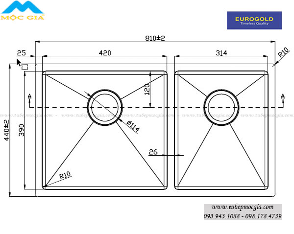 Thông số kỹ thuật chậu rửa chén bát Eurogold EUS68144