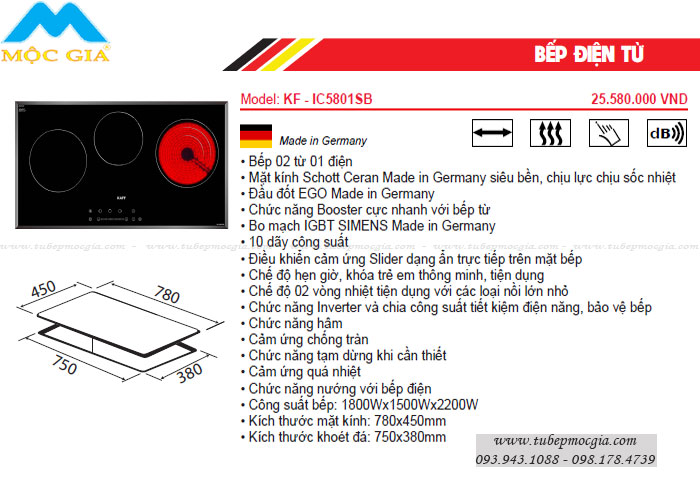 Thông số kỹ thuật bếp điện từ Kaff KF-IC5801SB