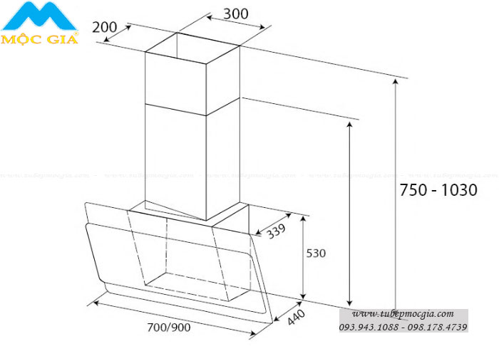 Kích thước chuẩn Máy hút khử mùi KAFF KF-LUX AT70FH/AT90FH