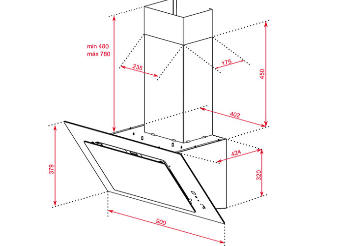 Kích thước lắp đặt Máy Hút Mùi Teka Kính Nghiêng DVT 98660 TBS