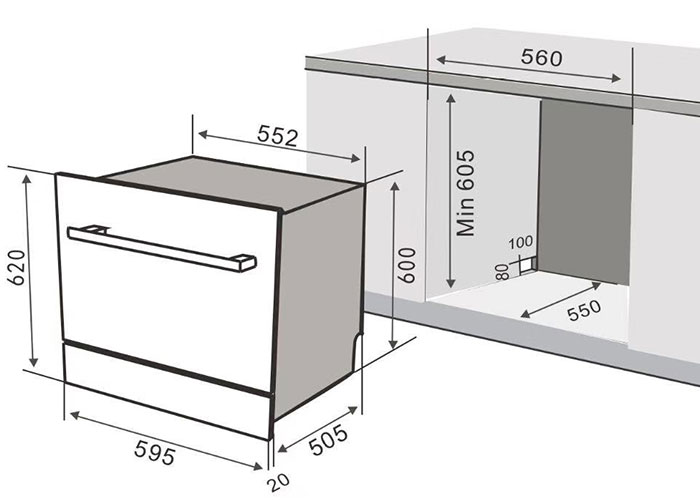 Kích thước lắp đặt Máy Rửa Chén Âm Tủ Kaff KF-BISMS8