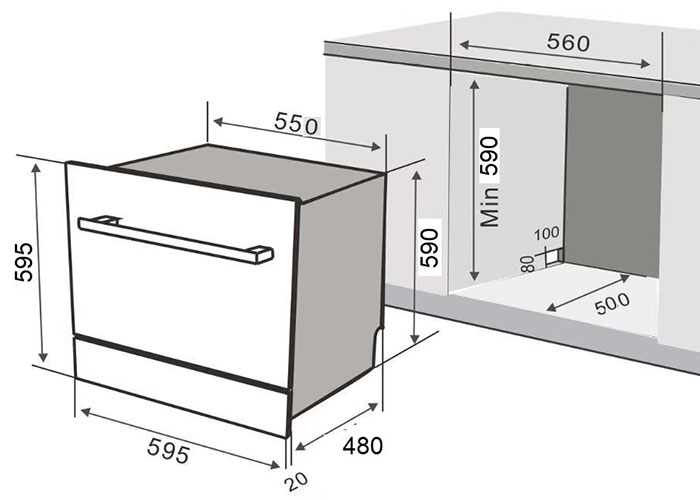 Kích thước lắp đặt Máy Rửa Chén Âm Tủ Kaff KF-BISW800