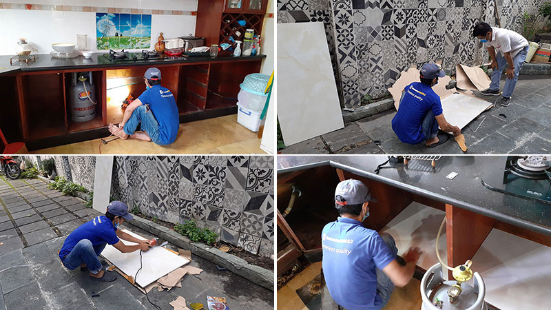 Quy trình nâng cấp bếp - Lót gạch đá bếp sạch sẽ