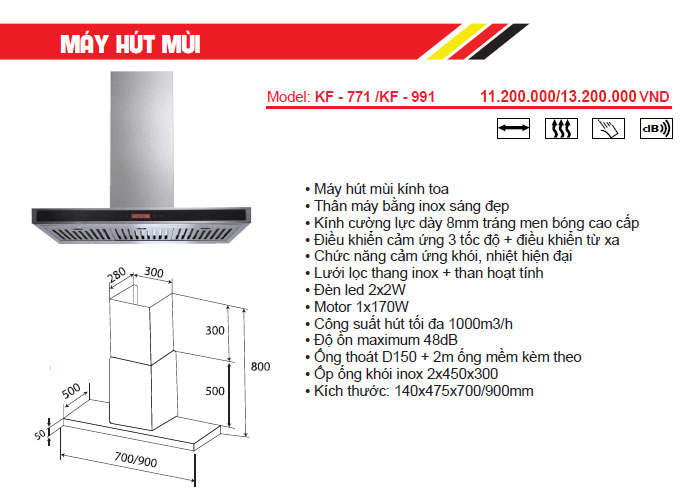 đặc tính thiết bị nhà bếp KAFF - Máy hút khử mùi KAFF KF-771