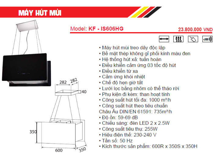 đặc tính thiết bị nhà bếp KAFF - Máy hút khử mùi độc lập KAFF KF-IS606HG