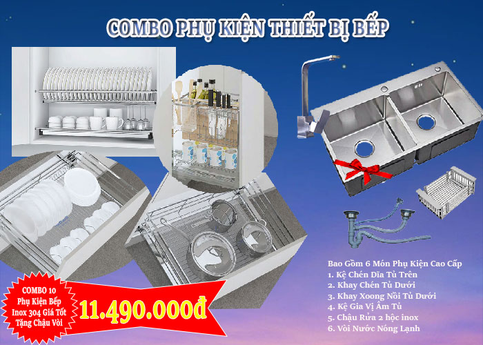 Combo 10 phụ kiện thiết bị tủ bếp với 6 món phụ kiện và thiết bị nhà bếp inox 304